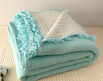 Copriletto in mussola di cotone biologico turchese: coperta e copriletto in garza