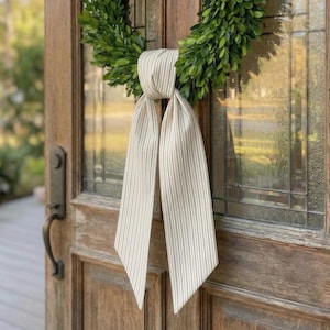 Beige and White Striped Waterproof Wreath Sash, Water Resistant Outdoor Wreath Bow, Spring Front Door Decor, Classic Summer Door Hanger