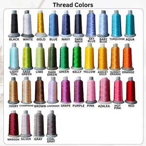 May include: A color chart displaying thirty-four spools of embroidery thread arranged in rows. Each spool is labeled with its corresponding color name, including black, white, gold, blue, navy, sky blue, turquoise, aqua, sage, lime, and red.