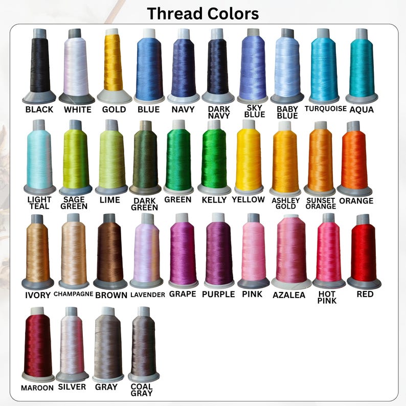 May include: A color chart displaying thirty-four spools of embroidery thread arranged in rows. Each spool is labeled with its corresponding color name, including black, white, gold, blue, navy, sky blue, turquoise, aqua, sage, lime, and red.