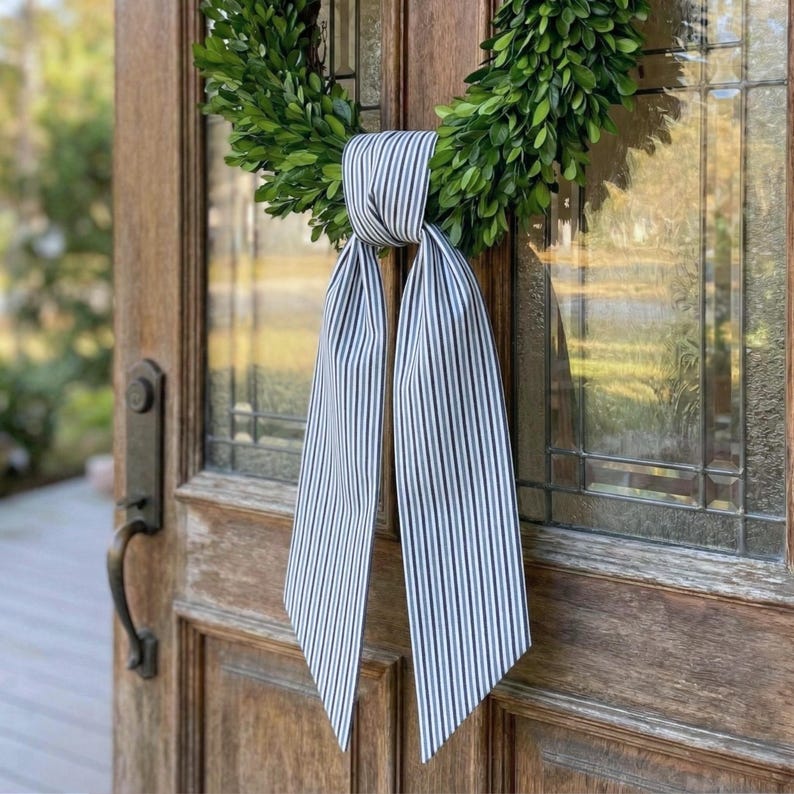 Blue and White Striped Waterproof Wreath Sash, Water Resistant Outdoor Wreath Bow, Spring Front Door Decor, Classic Summer Door Hanger