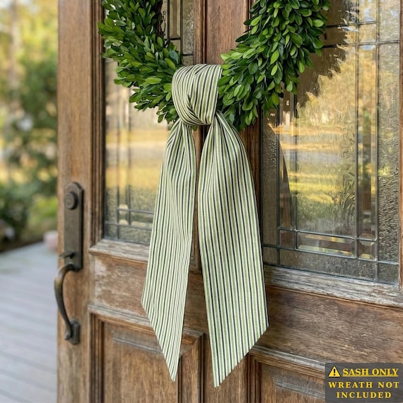 Green and White Striped Waterproof Wreath Sash, Water Resistant Outdoor Wreath Bow, Summer Front Door Decor, (Sash ONLY Wreath Not Included)