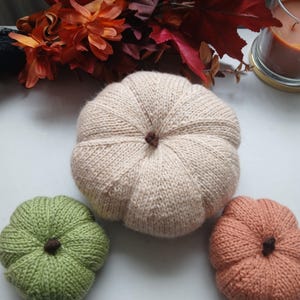 May include: Three knitted pumpkins in cream, sage green, and muted orange. Each pumpkin features a textured, ribbed knit pattern with a small, dark brown stem at the centre. The pumpkins are round and soft, displaying a handcrafted appearance.