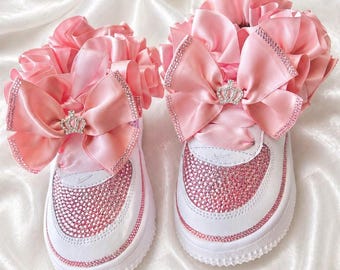 Custom Pink Rhinestone Air Force 1s with Satin Bow Laces