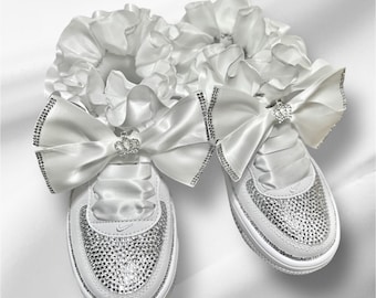 Custom White Rhinestone Air Force 1s with Satin Bow Laces