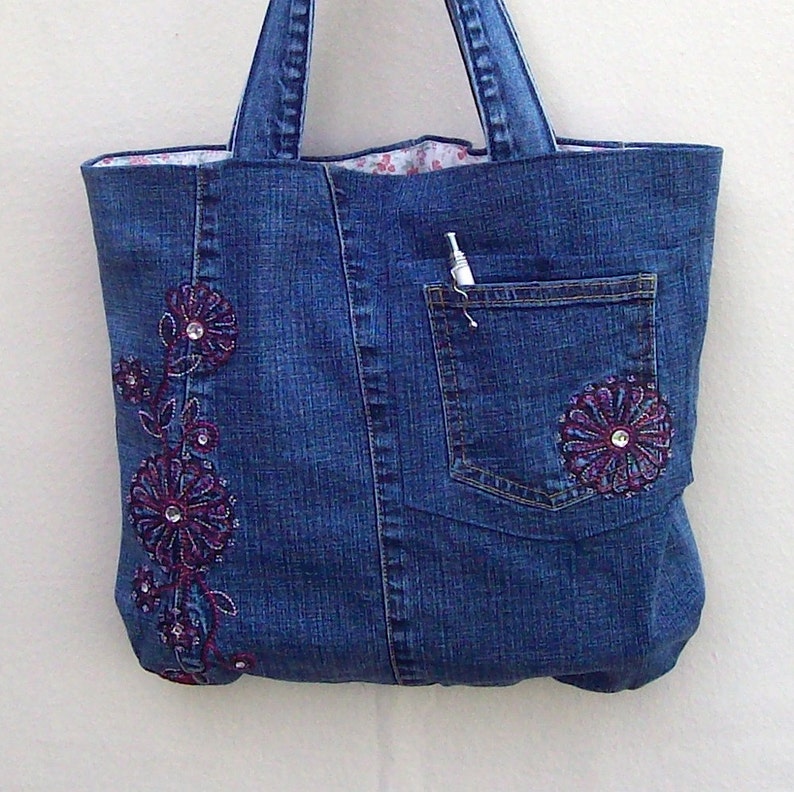 Pink Flowers small navy denim tote with pink flower | Etsy