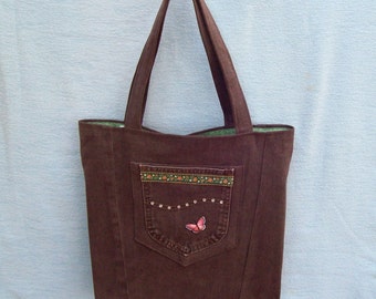 Chocolate Brown with pink Butterfly, denim tote, handmade from recycled jeans