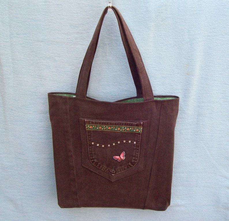 Chocolate Brown with pink Butterfly, denim tote, handmade from recycled jeans image 1