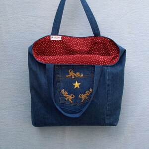 Gold star and Monkeys with Crystals large denim tote with decoration, handmade from recycled jeans image 3