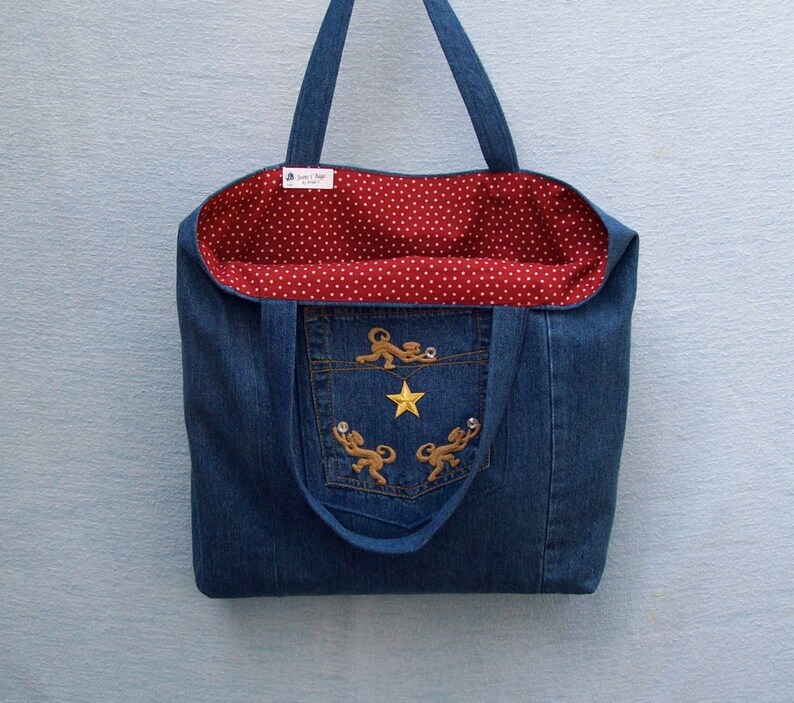 Gold star and Monkeys with Crystals large denim tote with decoration, handmade from recycled jeans image 3