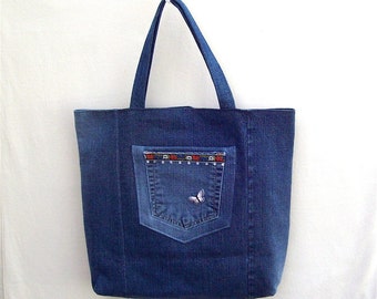 Alpine Spring - large denim tote with pockets, handmade from reycled jeans