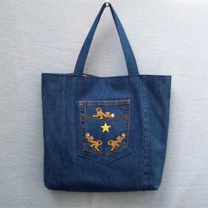 Gold star and Monkeys with Crystals large denim tote with decoration, handmade from recycled jeans image 1