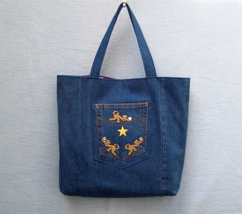 Gold star and Monkeys with Crystals large denim tote with decoration, handmade from recycled jeans image 1