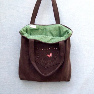 Chocolate Brown with pink Butterfly, denim tote, handmade from recycled jeans image 3