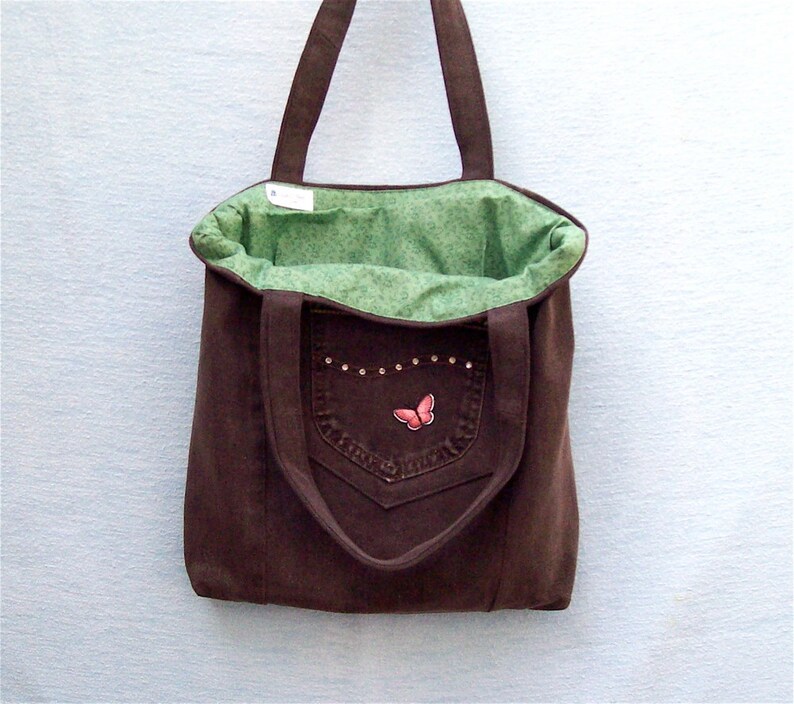 Chocolate Brown with pink Butterfly, denim tote, handmade from recycled jeans image 3