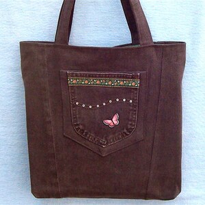Chocolate Brown with pink Butterfly, denim tote, handmade from recycled jeans image 2