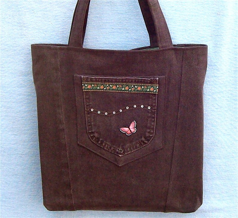 Chocolate Brown with pink Butterfly, denim tote, handmade from recycled jeans image 2