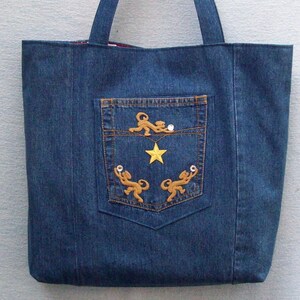 Gold star and Monkeys with Crystals large denim tote with decoration, handmade from recycled jeans image 2