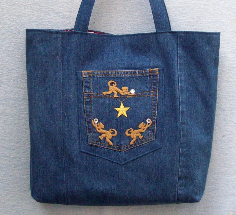 Gold star and Monkeys with Crystals large denim tote with decoration, handmade from recycled jeans image 2