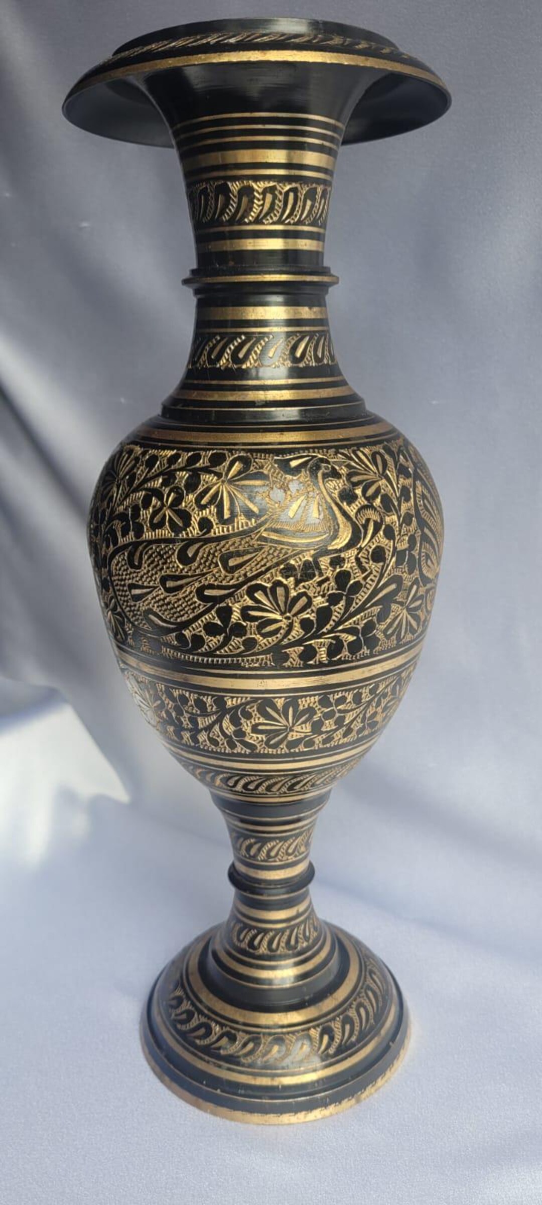 Vintage Brass Vase With Peacock Floral Design - Hand Engraved Indian ...