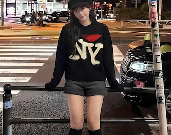 Suéter de punto negro de Nueva York hecho a mano: estilo bohemio de crochet, hilo mercerizado suave