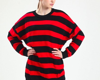 Suéter oversize de rayas rojas y negras / Túnica de punto cómoda / Ropa de estar cómoda / Jersey de otoño-invierno