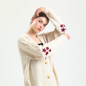 Crochet Beige Red Star Cardigan Embroidered Knitted Winter Sweater