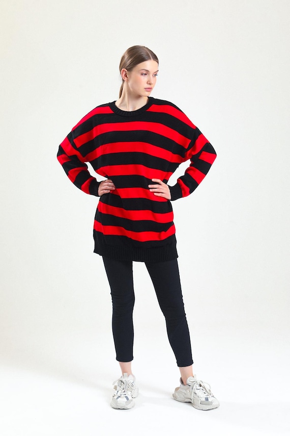 Oversized Red and Black Striped Sweater Comfy Knit Tunic Cozy
