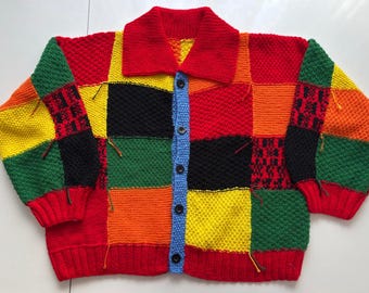 Suéter tipo cárdigan de punto con patchwork colorido, de lana gruesa y gran tamaño, tejido a mano