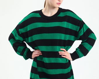 Suéter oversize de rayas verdes y negras / Túnica de punto cómoda / Ropa de estar cómoda / Jersey de otoño-invierno