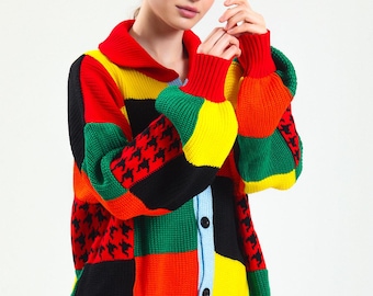 Suéter tipo cárdigan de punto con patchwork colorido, extragrande y de lana gruesa