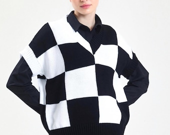 Chaleco de punto a cuadros: suéter bohemio sin mangas en blanco y negro