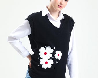 Chaleco de punto floral - Top bohemio negro con cuello en V