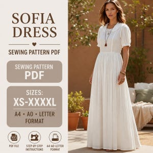 May include: A digital sewing pattern for the Sofia Dress, featuring a white floor-length dress with short puff sleeves and a rounded collar. The text includes SOFIA DRESS, SEWING PATTERN PDF, SIZES: XS-XXXXL, and A4, A0, LETTER FORMAT.