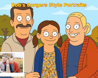 Portret rodzinny w stylu Bob's Burgers: spersonalizowana ilustracja w formie kreskówki (plik cyfrowy)