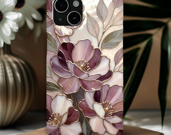 Romantische Handyhülle mit floralem Buntglas-Motiv | Botanisches Mosaik in Mauve-Rosen | Elegante Schutzhülle