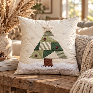 Patchwork Christmas Tree Throw Pillow, Quilted Look Green Cushion Cover, Farmhouse Holiday Decor