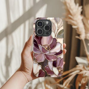 Telefoonhoesje romantisch glas-in-lood met bloemen | Mauve Rose Botanisch Mozaïek | Elegante kunstbeschermhoes afbeelding 12