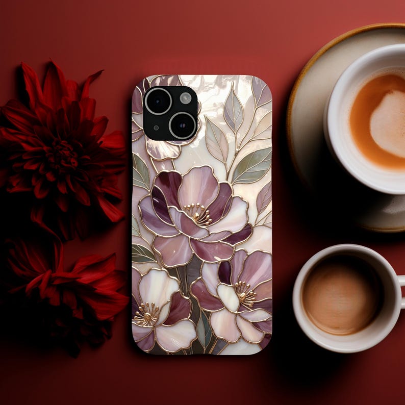Telefoonhoesje romantisch glas-in-lood met bloemen | Mauve Rose Botanisch Mozaïek | Elegante kunstbeschermhoes afbeelding 11
