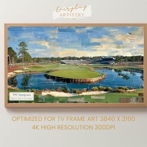 Può includere: Una stampa artistica incorniciata di una scena di campo da golf, con un fairway verde circondato da acqua e alberi sotto un cielo blu. L'opera è intitolata "TPC Sawgrass" ed è ottimizzata per una cornice TV. La stampa è ad alta risoluzione.