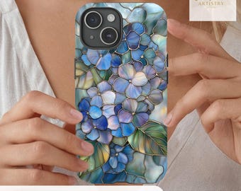 Telefoonhoesje met blauw glas-in-lood hortensia en bloemen