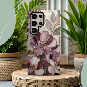 Telefoonhoesje romantisch glas-in-lood met bloemen | Mauve Rose Botanisch Mozaïek | Elegante kunstbeschermhoes afbeelding 17