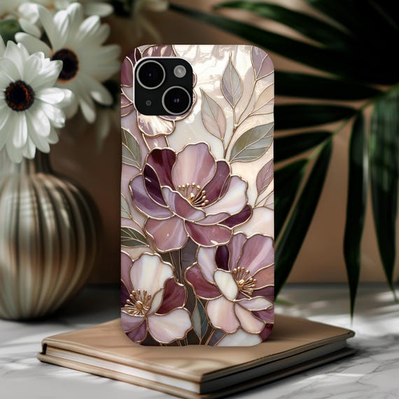 Romantic Floral Stained Glass Phone Case | Mauve Rose Botanical Mosaic | Elegant Art Protective Case