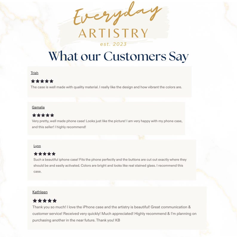 Op de afbeelding: Een klantbeoordelingsafbeelding voor Everyday Artistry est. 2023 met de kop What our Customers Say. De afbeelding toont vier individuele vijfsterrenbeoordelingen van klanten genaamd Trish, Gamalia, Lynn en Kathleen over telefoonhoesjes.