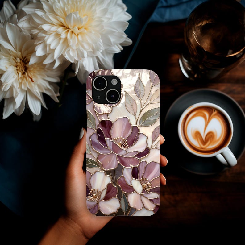 Telefoonhoesje romantisch glas-in-lood met bloemen | Mauve Rose Botanisch Mozaïek | Elegante kunstbeschermhoes afbeelding 8