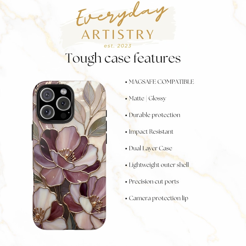 Telefoonhoesje romantisch glas-in-lood met bloemen | Mauve Rose Botanisch Mozaïek | Elegante kunstbeschermhoes afbeelding 2