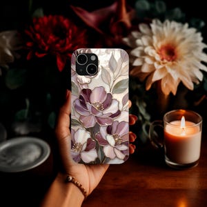 Telefoonhoesje romantisch glas-in-lood met bloemen | Mauve Rose Botanisch Mozaïek | Elegante kunstbeschermhoes afbeelding 10