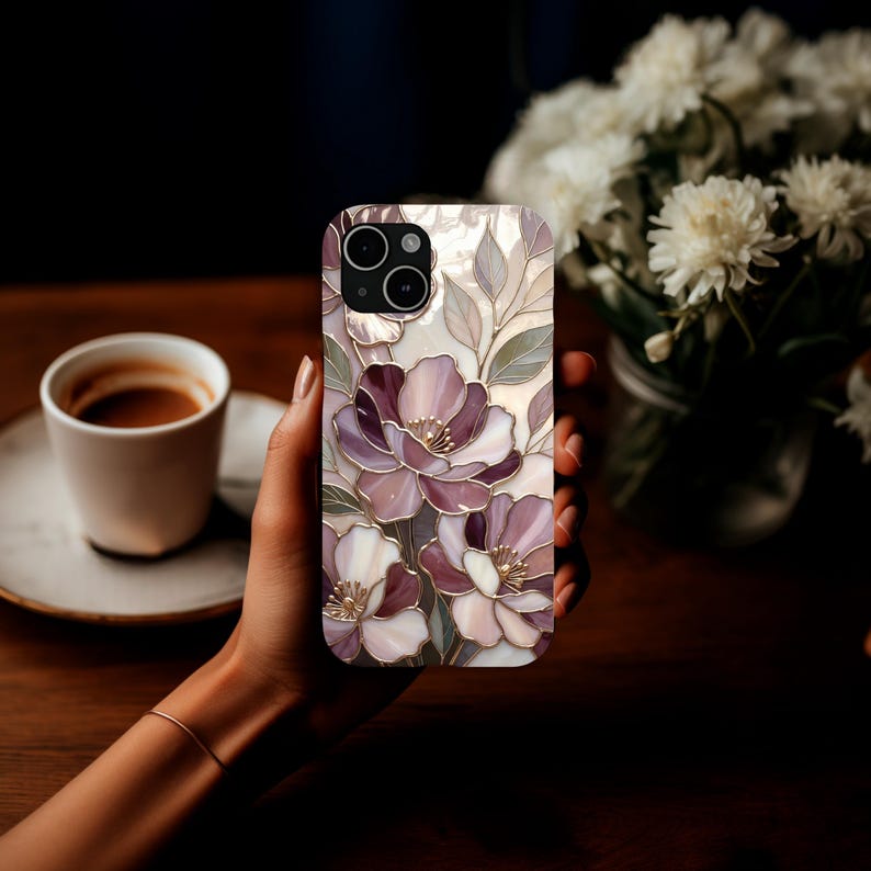 Telefoonhoesje romantisch glas-in-lood met bloemen | Mauve Rose Botanisch Mozaïek | Elegante kunstbeschermhoes afbeelding 7