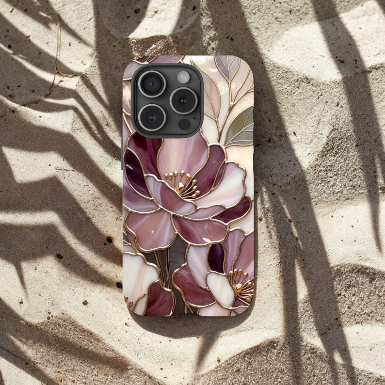 Telefoonhoesje romantisch glas-in-lood met bloemen | Mauve Rose Botanisch Mozaïek | Elegante kunstbeschermhoes afbeelding 5