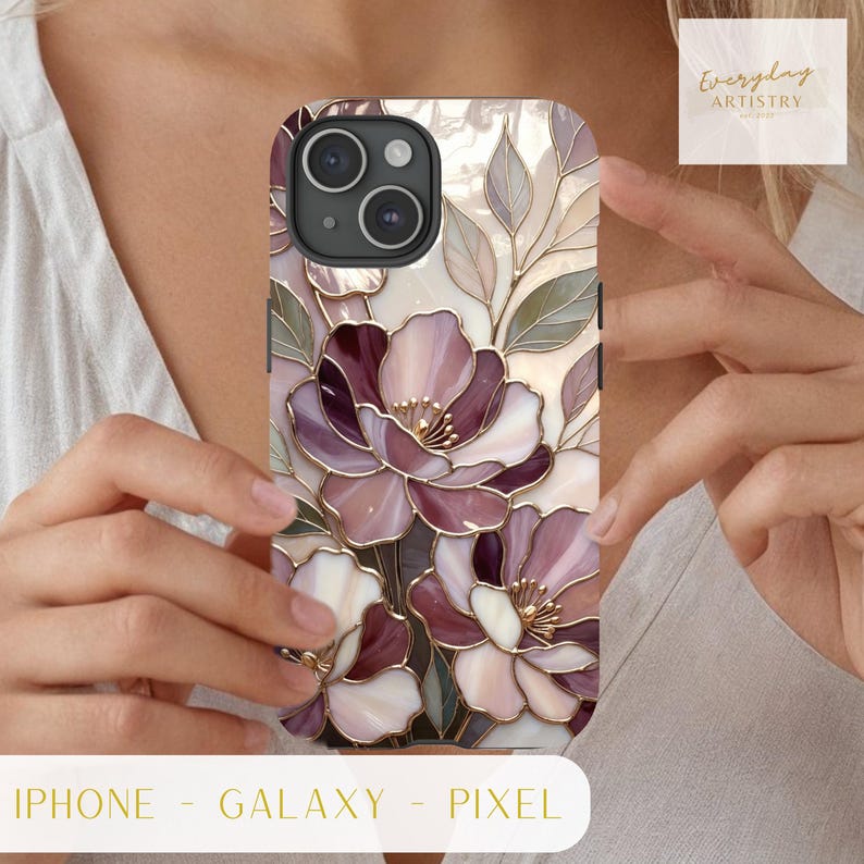 Telefoonhoesje romantisch glas-in-lood met bloemen | Mauve Rose Botanisch Mozaïek | Elegante kunstbeschermhoes afbeelding 9